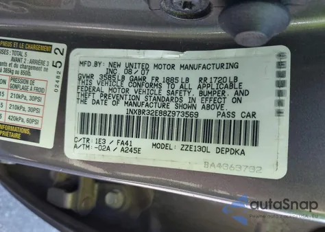 2008 Toyota Corolla Ce from USA, damaged, VIN 1NXBR32E88Z973569